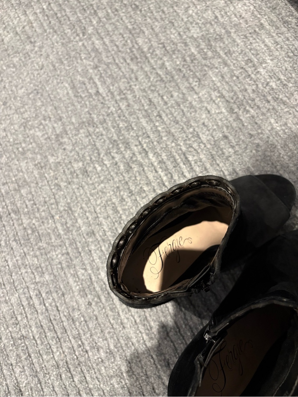 Fergie Black Suede Ankle Booties with Chain Accent